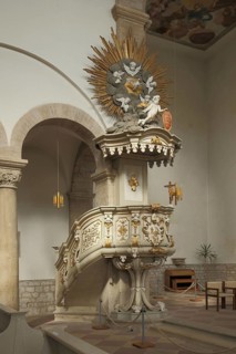 Pulpit with decorations, interior view, Romanesque monastery church, Huysburg, Harz, Saxony-Anhalt,