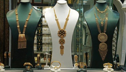 Saudi Arabia, Jeddah, gold jewelry on display, Gold Souk, Middle East