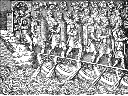 Roman soldiers marching across pontoon bridge, England, first Century
