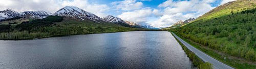 Lake Tern Lake and mountain landscape, aerial view, Moose Pass, Kenai Peninsula, Alaska, USA