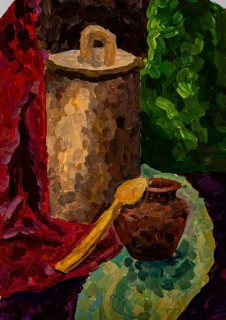In this lively painting, a brown pot and a cylindrical container sit atop a textured surface,