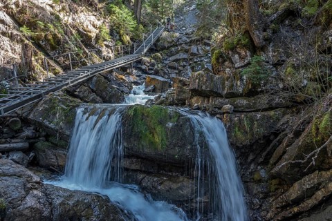 Hiking trail in Gaissalptobel with Gaissalpbach waterfall, Reichenbach, Oberstdorf, Oberallgäu,