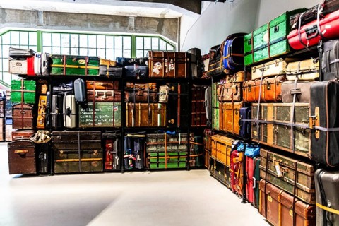 Luggage maze, historic suitcases, FENIX, museum about migration, in a historic warehouse in