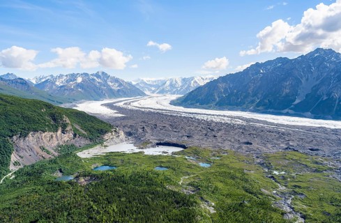 View of impressive mountain landscape with the Matanuska Glacier tongue, Lion's Head, Chugach