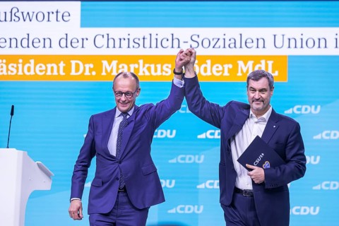 38th Federal Party Congress of the CDU of Germany in Stuttgart. Greetings from Markus Söder, party
