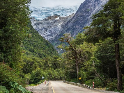 Road Carretera Austral south of Puyuhuapi, glacier above rain forest, Patagonia, Chile