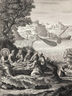 The miraculous catch of 153 fish, Resurrection of Jesus, New Testament, steel engraving 1853,
