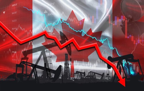 Crude crisis with Canadian flag on financial graph. Fall oil price with flag of Canada on economic