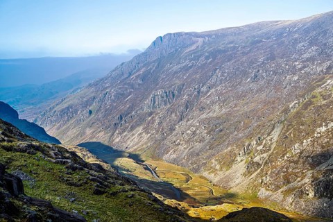 Autumn colours of Pen-y-Pass over Miner's Track, Start Point and road A4086, Snowdonia, Wales, UK