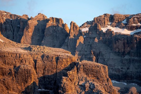 Detail, rocks and mountain peaks of the Brenta Mountains, evening mood with alpine glow, Brenta,