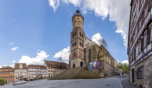 Protestant parish church of St. Michael. City view with market square. Schwäbisch Hall,