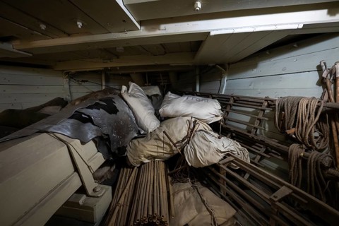Seal skins, equipment, below deck, historic polar research ship Fram, wooden ship, by Fridtjof