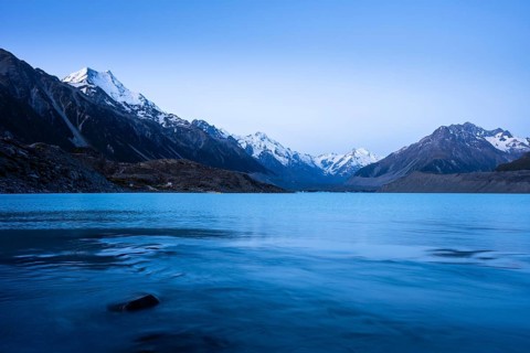 Tasman Lake. On the left, Mount Cook. evening mood. Aoraki Mount Cook National Park, Canterbury,