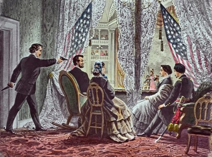 Painting of the assassination of Abraham Lincoln at Ford's Theatre on 14 April 1865. From left to