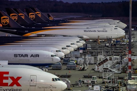 Cologne-Bonn airport, CGN, air freight center, UPS Logisic Hub, UPS cargo aircraft on the apron,