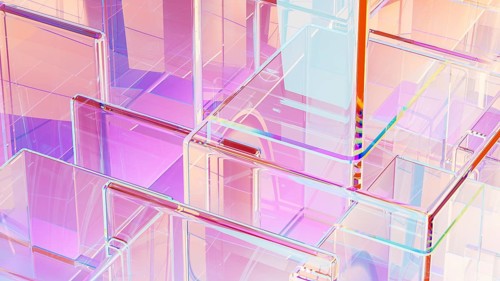 Translucent cubes in varying sizes form a sophisticated abstract background, combining colors and