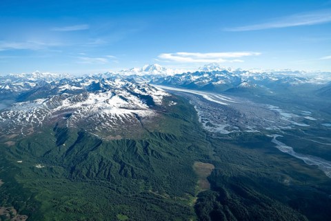 Kahlitna Glacier, Mt Foraker and Mt Denali or Mount McKinley, aerial view, Alaska Range, Denali