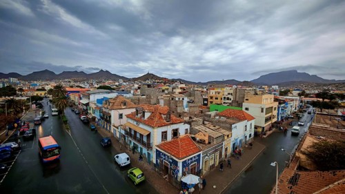 View from Torre de Belem, extensive view +over the streets of Mindelo, of an urban area with