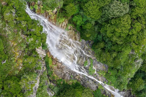 Aerial view of waterfall Cascada Lipi, at road X-608, west of Coyhaique, Chile