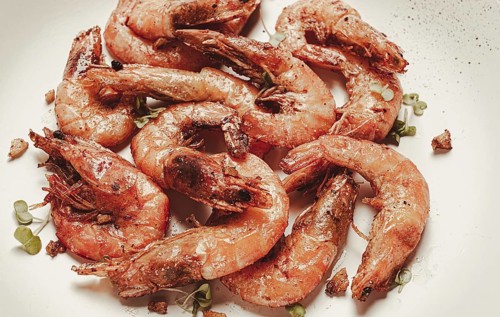 Fried tiger prawns, with spices, homemade, top view