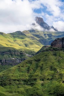 Mountains with fog at the amphitheatre, Drakensberg National Park, KwaZulu Natal, South Africa