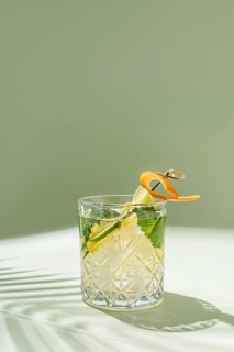 A vibrant image capturing a refreshing cocktail with slices of citrus and mint leaves, presented on