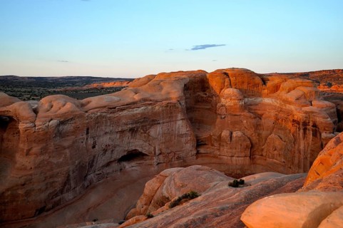 Majestic sandstone formations at sunset in a desert landscape, Arches National Park, Utah, USA