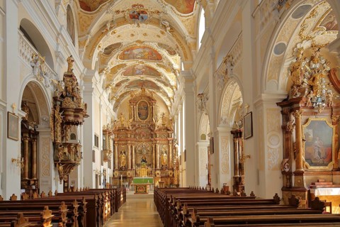 Magnificent baroque basilica with frescoes, pulpit and decorations, interior view, Frauenkirchen,