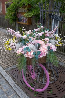 Pink coloured bicycle decorated with artificial flowers, Bavaria, Germany