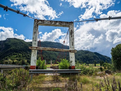 Ruin of a suspension bridge, Aysen, Chile