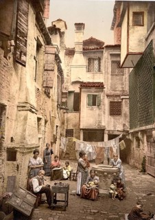Old Venetian courtyard, Venice, Italy, Historic, digitally restored reproduction from a 19th