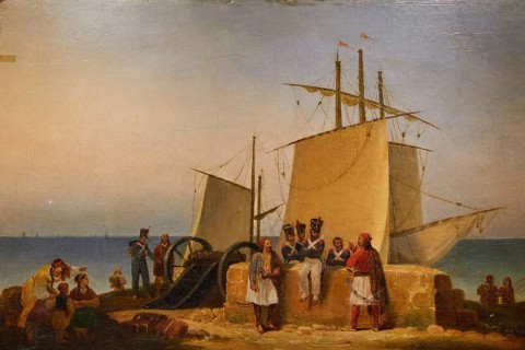 French soldiers, historical scene with people and ships in the harbor at sunset, Historical Museum,