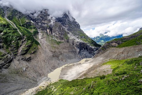 Valley with glacier flow of the Grindelwald-Fiescherfirn glacier, Bernese Alps, Bernese Oberland,