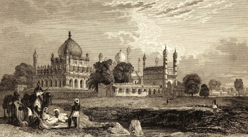 Ibrahim Rauzal tomb in Vijayapura or Bijapur, Karnataka, India, domed building, minarets, horsemen,