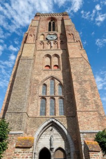 13th century Gothic bell tower of Our Lady's Church, Onze-Lieve-Vrouw-Bezoekingskerk in the village