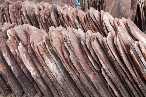 Old red sandstone roofing tiles, Bodenwerder, Weserbergland, Lower Saxony, Germany