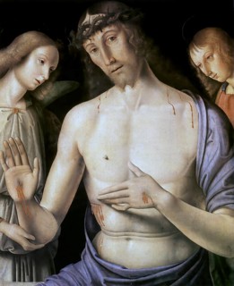Man of Sorrows with Two Angels, c. 1490, Jesus Christ surrounded by two angels, painting by