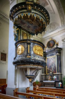 Interior view of the pulpit, Peter and Paul parish church, pillared hall church, Willisau, Canton