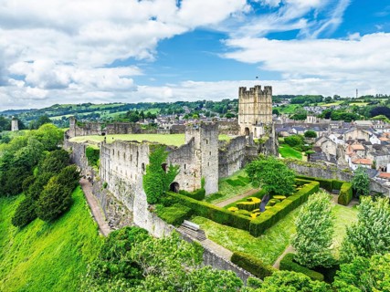 Richmond Castle from a drone, Richmond, Yorkshire Dales, North Yorkshire, England, United Kingdom