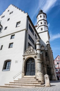 The historic town hall with the stone staircase with late Gothic forms and Renaissance ornaments in