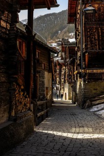Old Farmhouses in Rue du Village, Historic Town Center, Grimentz, Val d'Anniviers, Valais Alps,