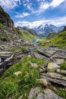 Mountain stream in picturesque mountain landscape, view of mountain lake Lac du Louvie and