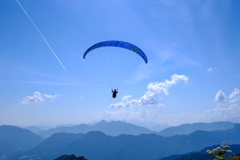 Paragliders in front of the Chiemgau Alps, on Hochfelln, Bergen, Chiemgau, Upper Bavaria, Bavaria,