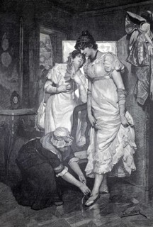 Under the seal of secrecy, a woman whispers something to another while a maid ties her shoes, 1896,
