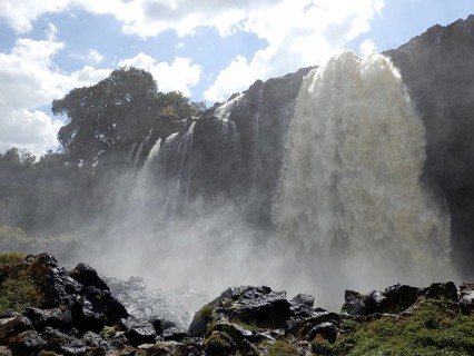 Close-up of Tisissat Waterfall with spray and dramatic lighting, Abbai, Blue Nile, Bahir Dar,