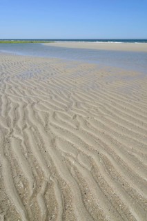 Beach at low tide with wave-like structure, current ripples in wet sand, blue sky, North Sea,