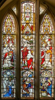 Stained glass window of various biblical scenes, church of Saint Peter, Manningford Bruce,