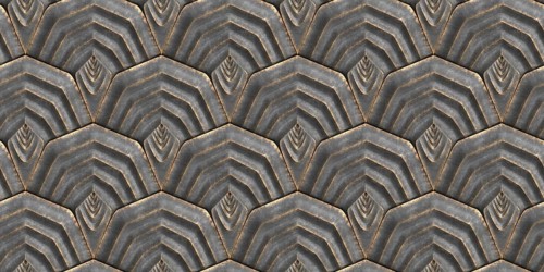 3D pattern featuring interlocking shield-like tiles with a layered metallic texture. Ideal for