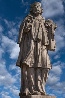 Sculpture of St. Nepomuk, cloudy sky, Zeil am Main, Lower Franconia, Bavaria, Germany