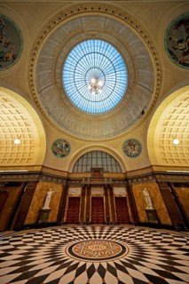 Foyer with glass dome in the spa hotel and Casino in the evening, Wiesbaden, Hesse, Germany